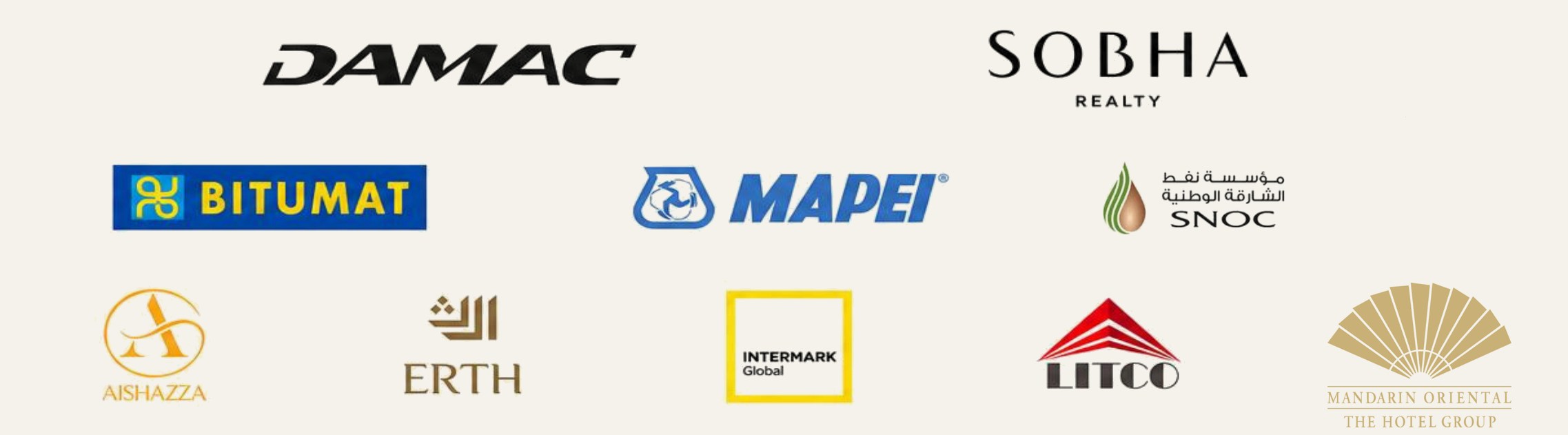 شعارات العملاء: DAMAC، Sobha Realty، Bitumat، MAPEI، SNOC، Aishazza، Erth، Intermark Global، LITCO، Mandarin Oriental